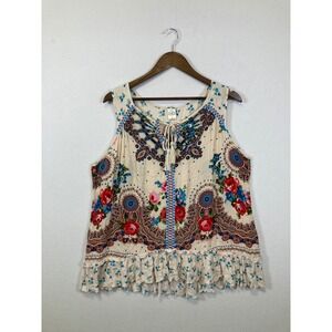 Bila Women's Cream Floral Paisley Print Neck Ruffle Hem Sleeveless Top L